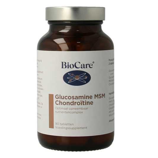 BioCare Glucosamine MSM chondroitine mineral supplement in bottle with 90 tablets, designed for joint support and bone health.