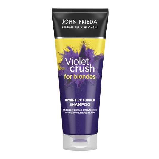 John Frieda Violet Crush shampoo bottle, 250ml, in a purple and white packaging, designed for hair care and color maintenance.