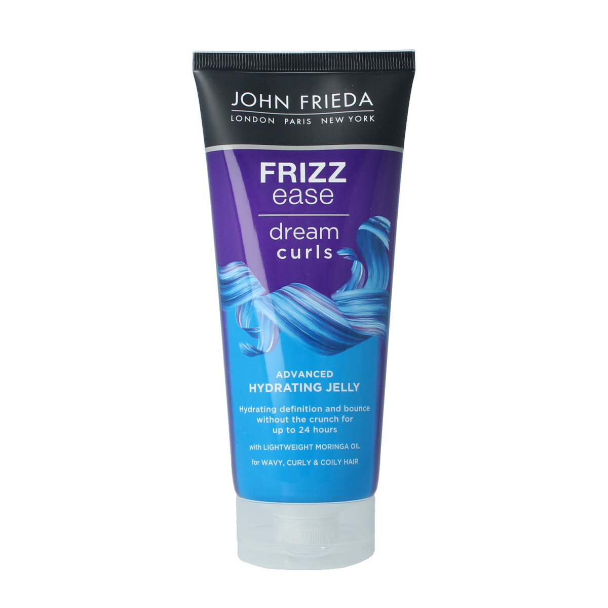 John Frieda Dream Curls advanced hydrating jelly in 200ml bottle, curly hair care product with blue and white packaging.