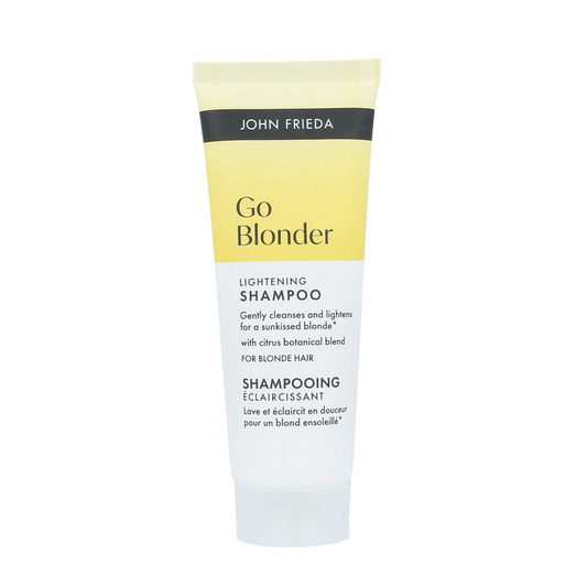 John Frieda Go Blonder lightening shampoo bottle, 75ml, for hair brightening and blonde enhancement.