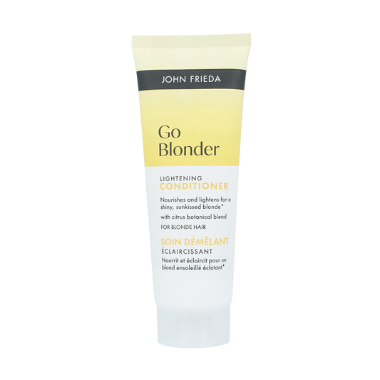 John Frieda Go Blonder lightening conditioner in 75ml bottle, hair care product for blonde hair enhancement.