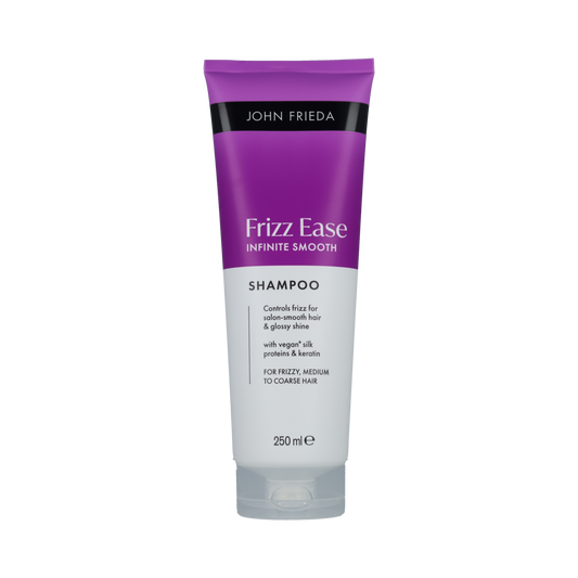 John Frieda Infinite Smooth Shampoo 250ml bottle, hair care product with sleek packaging, ideal for smooth, frizz-free hair.