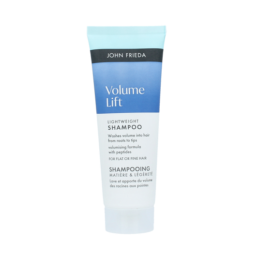 John Frieda Volume Lift shampoo bottle, lightweight hair care product in 75ml size, designed to add volume to hair.