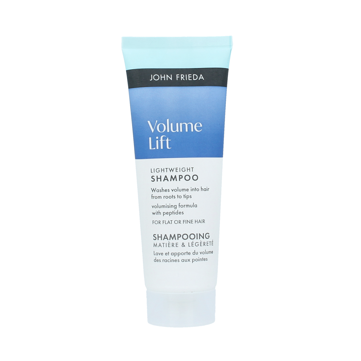 John Frieda Volume Lift Shampoo bottle, lightweight 75ml for adding volume and lift to hair, in a sleek hair care product image.