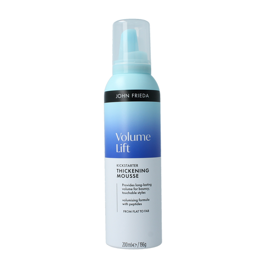 John Frieda Volume Lift thickening mousse bottle, 200ml, with a white and blue label, used for adding volume and body to hair
