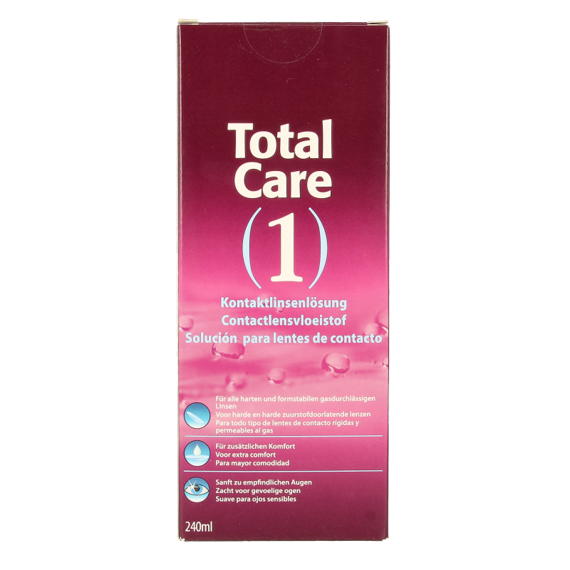 Totalcare contact lens solution 240ml bottle, clear liquid in a transparent container, suitable for cleaning and storing contact lenses.