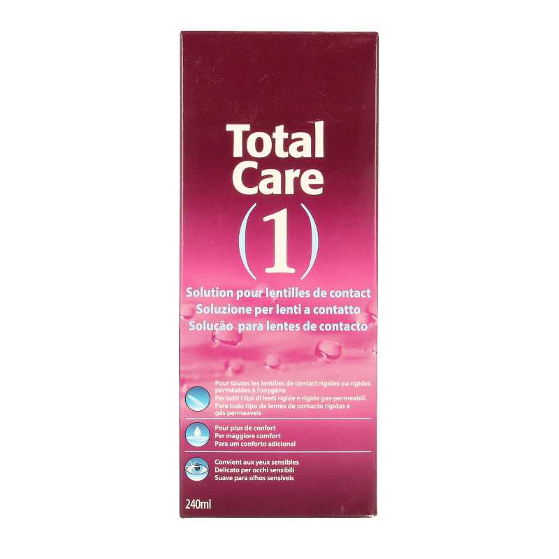 Totalcare contact lens solution in a 240ml bottle, suitable for cleaning and storing contact lenses.
