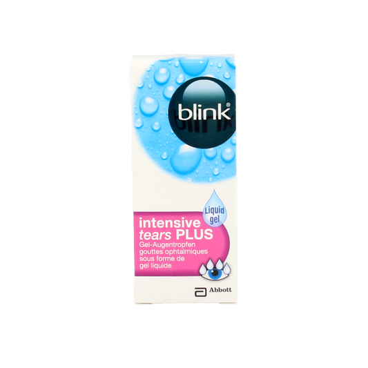 Blink Intensive Tears Plus eye drops in 10ml bottle, eye care product for soothing and lubricating dry eyes, from Blink brand