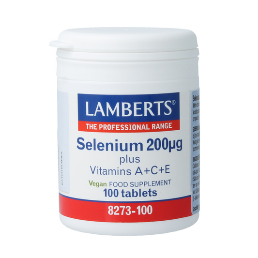 Lamberts Selenium 200mcg supplement with vitamin A, C, and E, 100 tablets, mineral supplement showing the bottle and tablets.