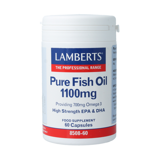 Lamberts Pure Visolie Omega 3 1100mg capsules, Vetzuren supplement, with 60 capsules, in a clear bottle.