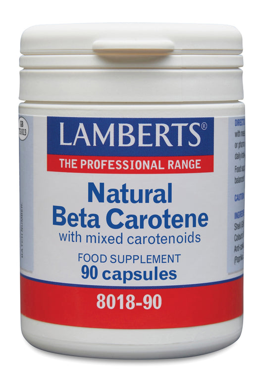Lamberts Vitamin A 15mg natural beta carotene capsules, 90-count, with orange capsules and label detail.