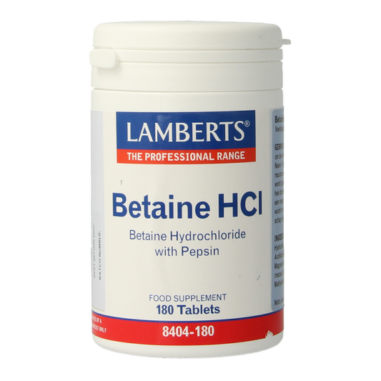 Lamberts Betaine HCL 324mg and Pepsine 5mg multivitamin tablets in a blister pack, showing the supplement tablets.