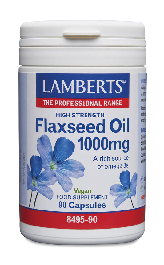 Lamberts flaxseed oil 1000mg vegetarian capsules, dietary supplement for healthy omega-3 fatty acids, shown in bottle with capsules