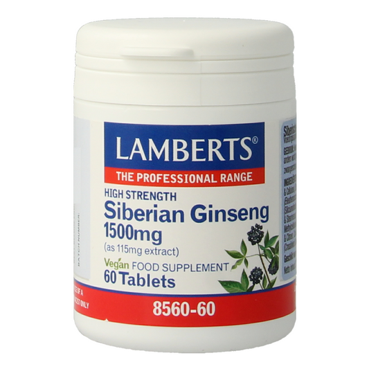 Lamberts Siberian Ginseng 1500mg herbal supplement with 60 tablets, natural adaptogen for energy and vitality.