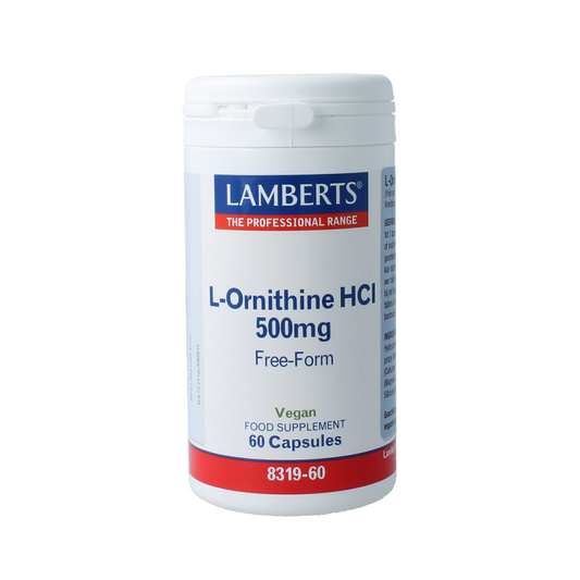 Lamberts L-Ornithine 500mg vegetarian capsules, dietary supplement with amino acids, in a bottle with capsules visible.
