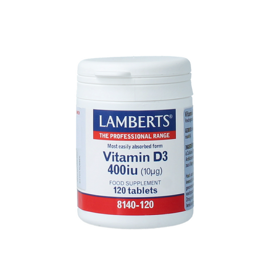 Lamberts Vitamin D3 400IU supplement tablets, natural vitamin D3 product with 120 tablets in blister packaging.