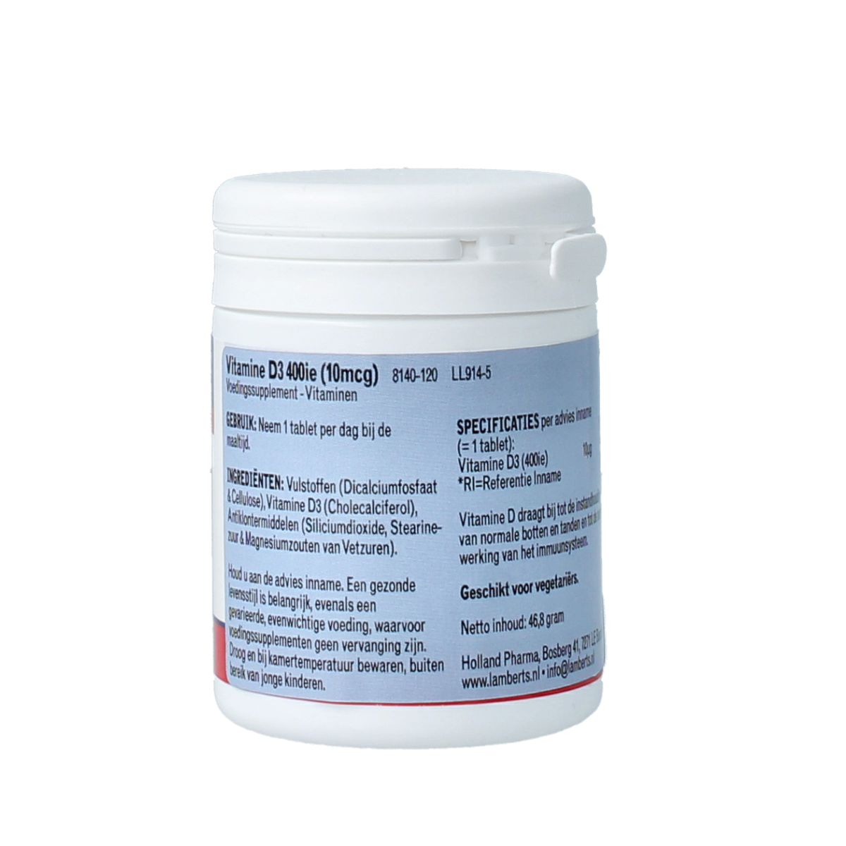 Lamberts Vitamin D3 400IU supplement in a bottle of 120 tablets, showing the label and tablets inside the container.