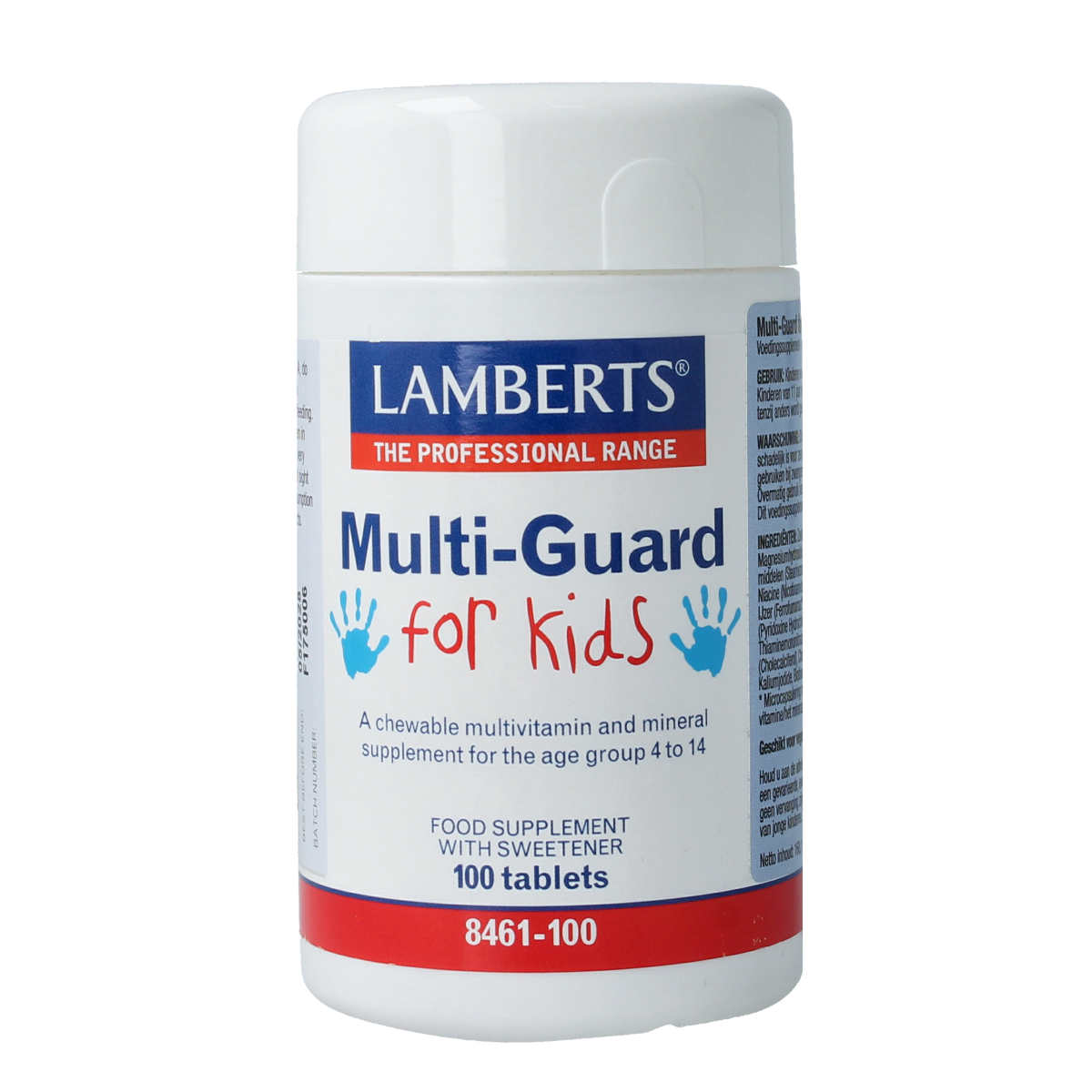 Lamberts Multi-Guard kids multivitamin chew tablets in a colorful bottle, designed for children's nutritional support.