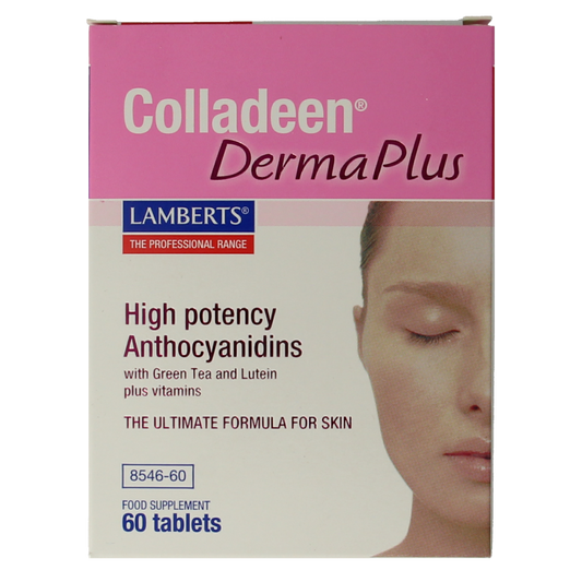 Lamberts Colladeen Derma Plus herbal supplement tablets in a bottle, designed to support skin health with natural ingredients.