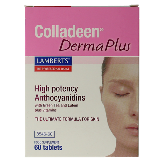 Lamberts Colladeen Derma Plus herbal supplement tablets, 60 count, featuring natural herbal ingredients for skin health.