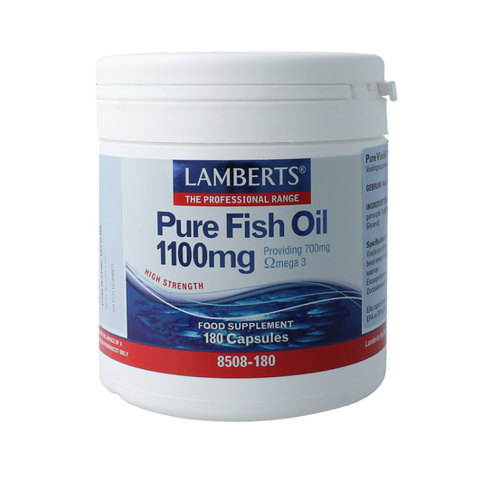 Lamberts Pure Visolie 1100mg Omega 3 Vetzuren capsules, close-up of the supplement bottle with capsules visible inside