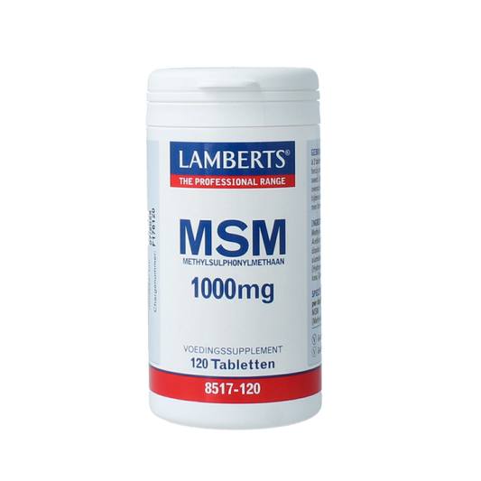 Lamberts MSM 1000mg mineral supplement in a bottle with 120 tablets, featuring a white label and supplement branding.