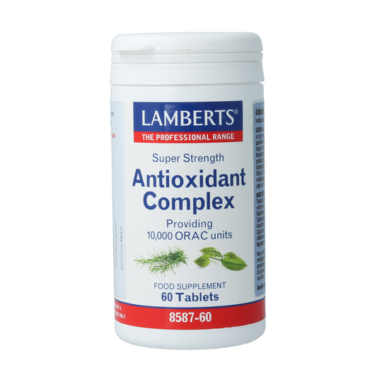 Lamberts Antioxidant Complex supplement in a bottle of 60 tablets, featuring herbal and antioxidant ingredients for health support.