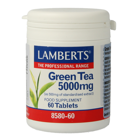 Lamberts Groene Thee 5000mg herbal supplement in a bottle with 60 tablets, natural green tea extract for health support