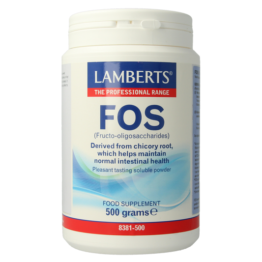 Lamberts FOS Fructo-oligosachariden powder 500g in a clear container, featuring the product label and packaging.