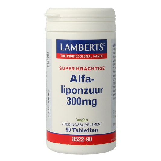 Lamberts Alfa Liponzuur 300mg supplement box with 90 tablets, featuring a white and green packaging design.