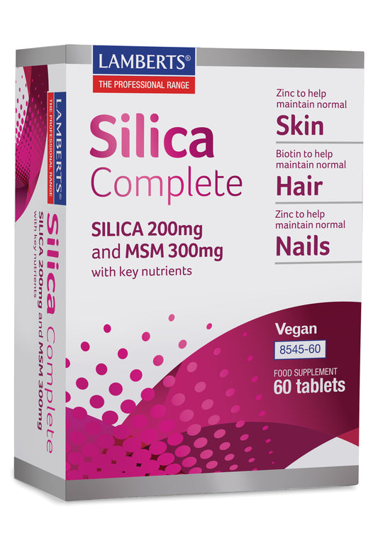 Lamberts Silica Compleet mineral supplement tablets, 60 count, showing the bottle and tablets on a white background.