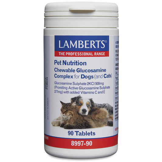 Lamberts Glucosamine chew tablets for dogs and cats, 90 count, dietary supplement for joint health and mobility.