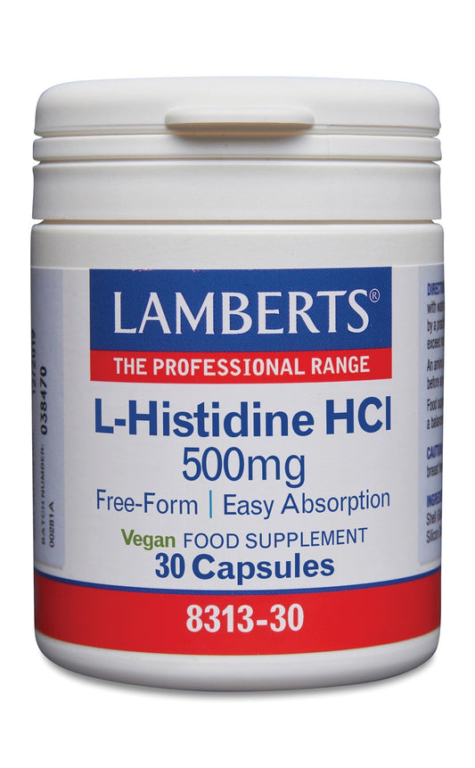 Lamberts L-Histidine 500mg amino acid capsules, 30-count bottle, showing the supplement capsules in a clear container.