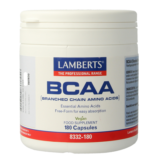 Lamberts BCAA Complex amino acids capsules in a bottle, supplement for muscle recovery and athletic performance.