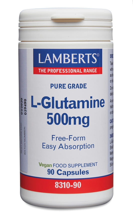 Lamberts L-Glutamine 500mg vegetarian capsules, amino acid supplement in clear bottle with label showing product details.