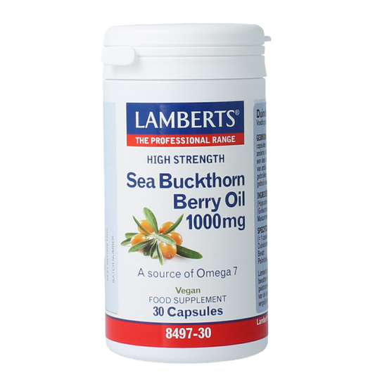 Lamberts Duindoornolie 1000mg capsules, a dietary supplement with omega fatty acids, shown in a bottle with capsules.
