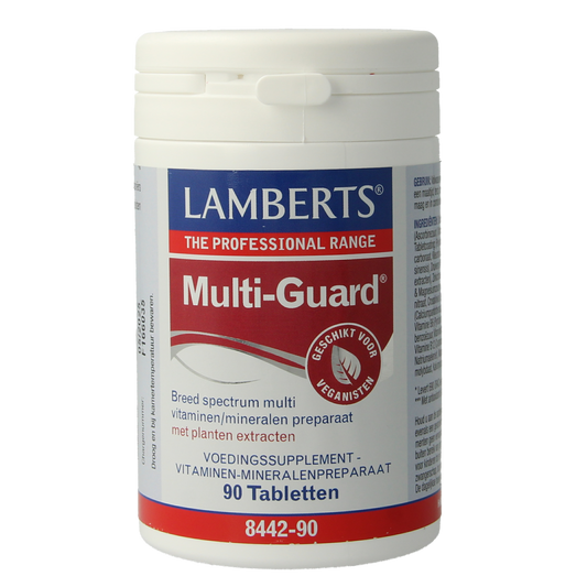 Lamberts Multi-Guard multivitamin tablets in a bottle, showing the label and tablet details.