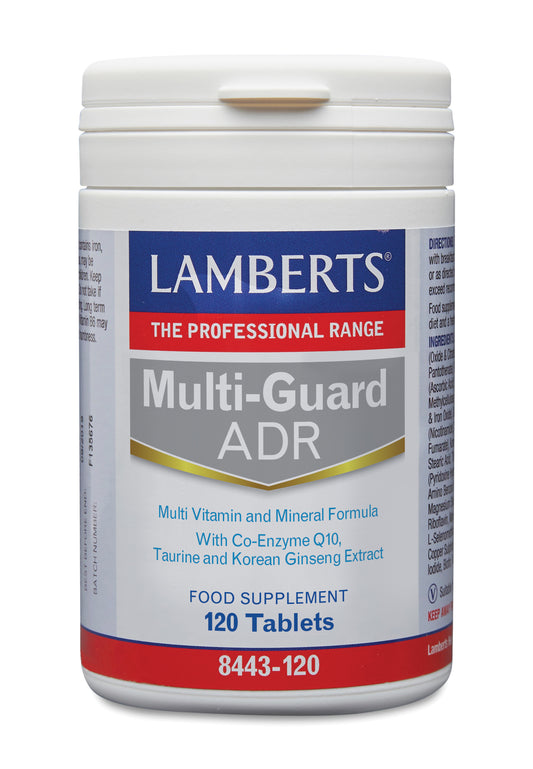 Lamberts Multi-Guard ADR vitamin multivitamin tablets in a blister pack, showing the supplement's packaging and tablets.