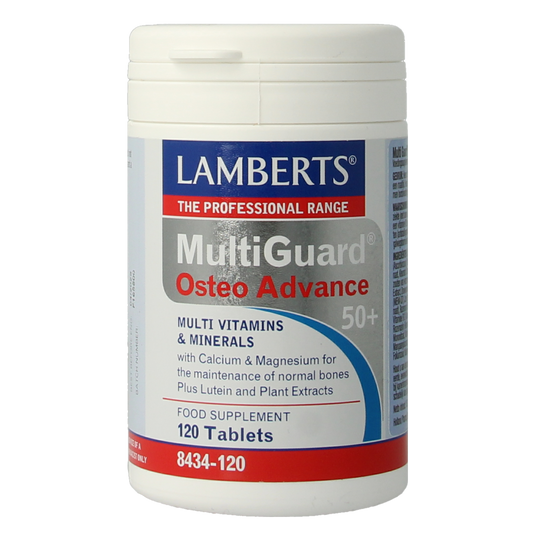 Lamberts Multi-Guard Osteo Advance 50+ multivitamin tablets for joint and bone health, shown in a bottle with tablets inside.