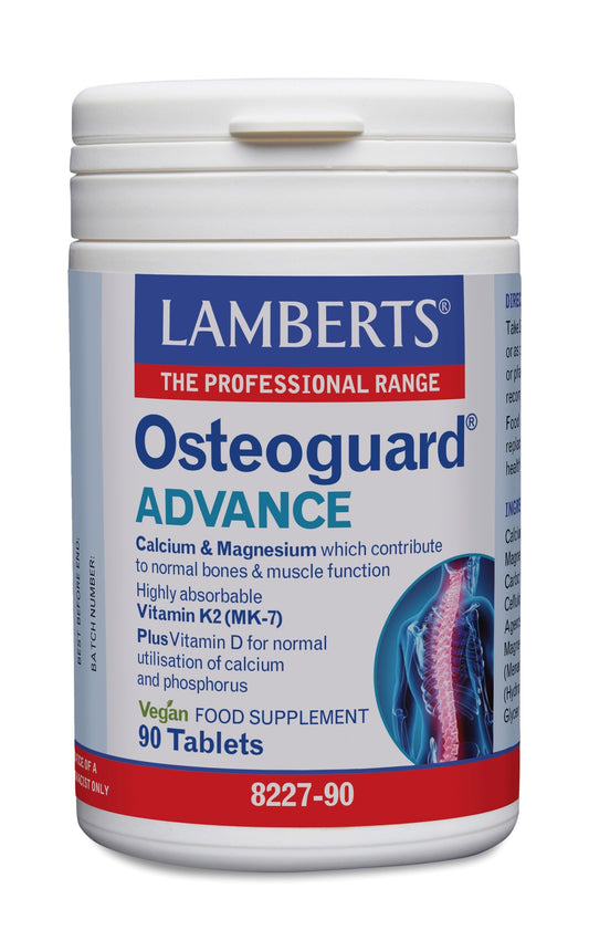 Lamberts Osteoguard Advance mineral supplement tablets, 90-count, with colorful tablets visible in blister pack.