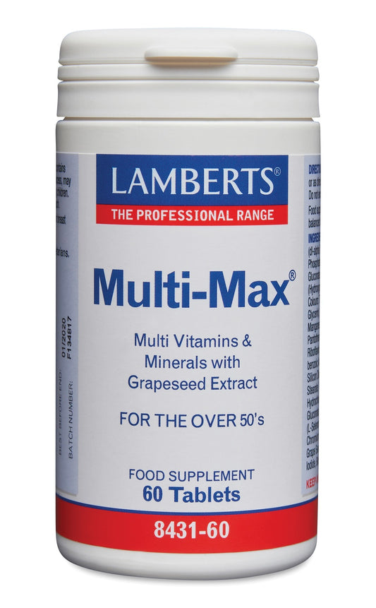 Lamberts Multi-Max multivitamin tablets with grape seed extract, 60 count, showing the supplement bottles and tablets inside.