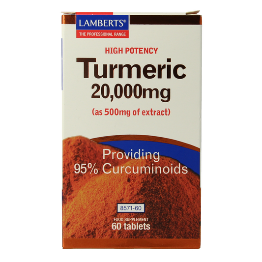 Lamberts Curcuma 20,000mg turmeric tablets in a bottle, herbal supplement for joint and overall health.