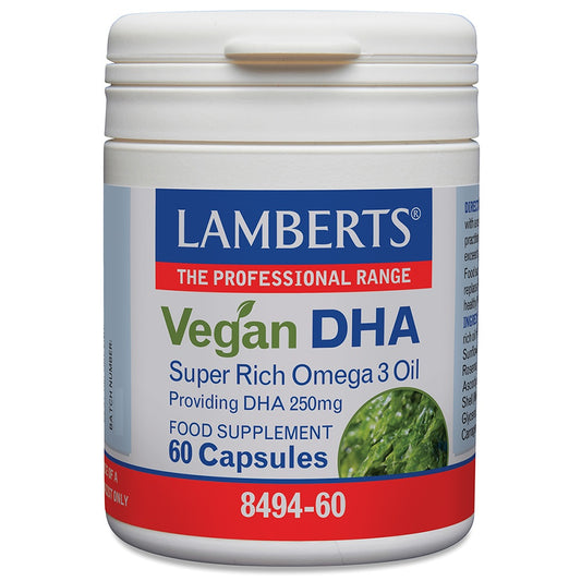 Lamberts Vegan DHA 250mg Vetzuren capsules in a bottle, dietary supplement for brain and eye health.