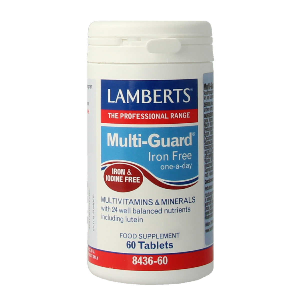 Lamberts Multi-Guard iron-free multivitamin tablets, 60 count, showing a white bottle with colorful tablets inside.
