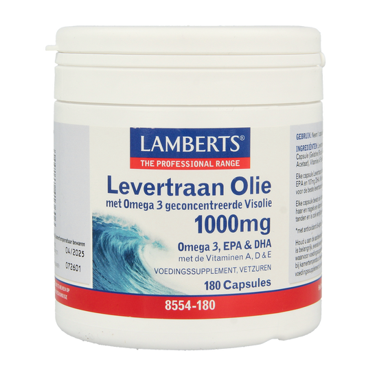 Lamberts Levertraanolie 1000mg capsules, omega-3 fatty acids supplement in a bottle with capsules visible.
