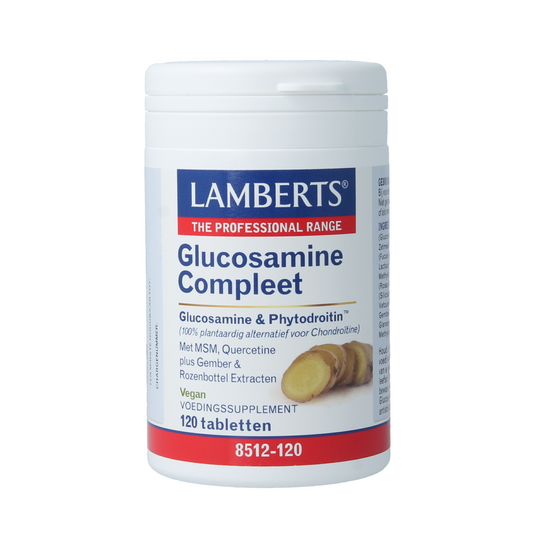 Lamberts vegan Glucosamine Compleet mineral supplement tablets, 120 count, showing the bottle and tablets on a white background.