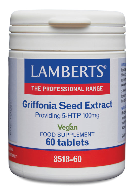 Lamberts Griffonia seed extract 5-HTP 100mg supplement tablets in a blister pack.