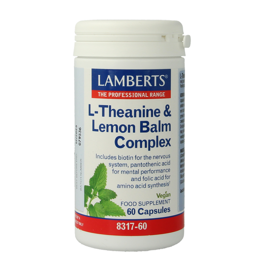 Lamberts L-Theanine and citronella complex capsules, dietary supplement with amino acids, in a clear bottle.