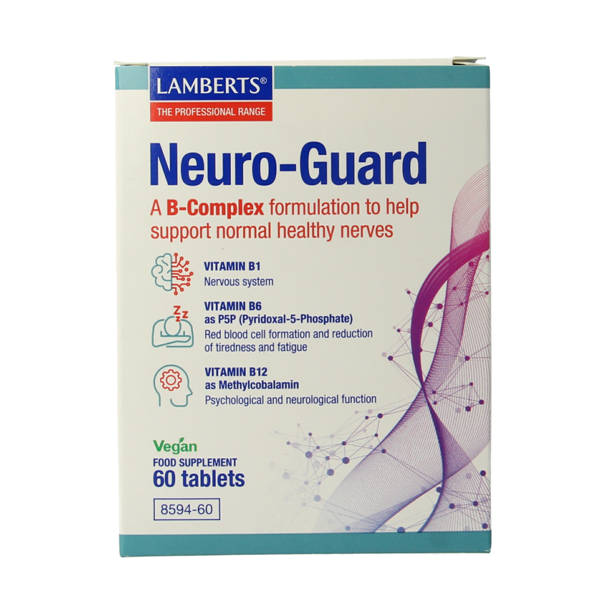 Lamberts Neuro-Guard supplement with B1, B6, B12 tablets, herbal formula for nerve health, in a blister pack