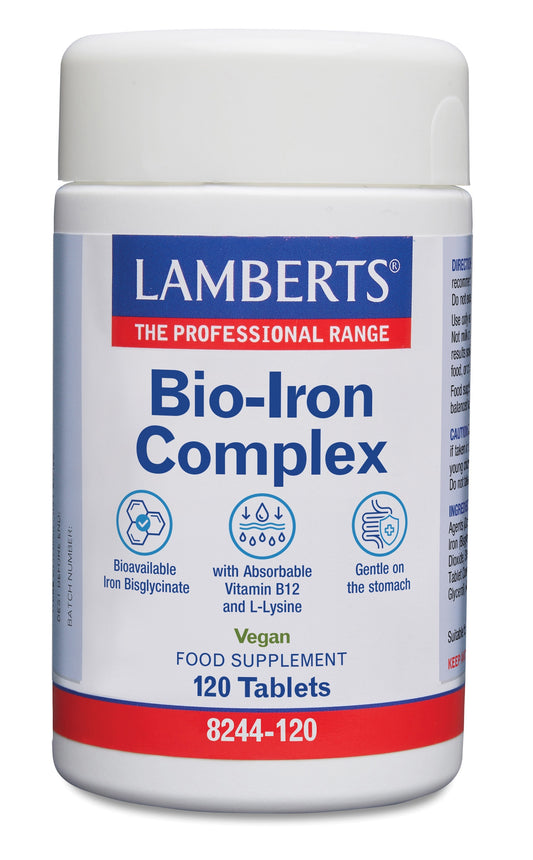 Lamberts Bio-ijzer complex herbal supplement in a bottle of 120 tablets, showing the packaging and tablets inside